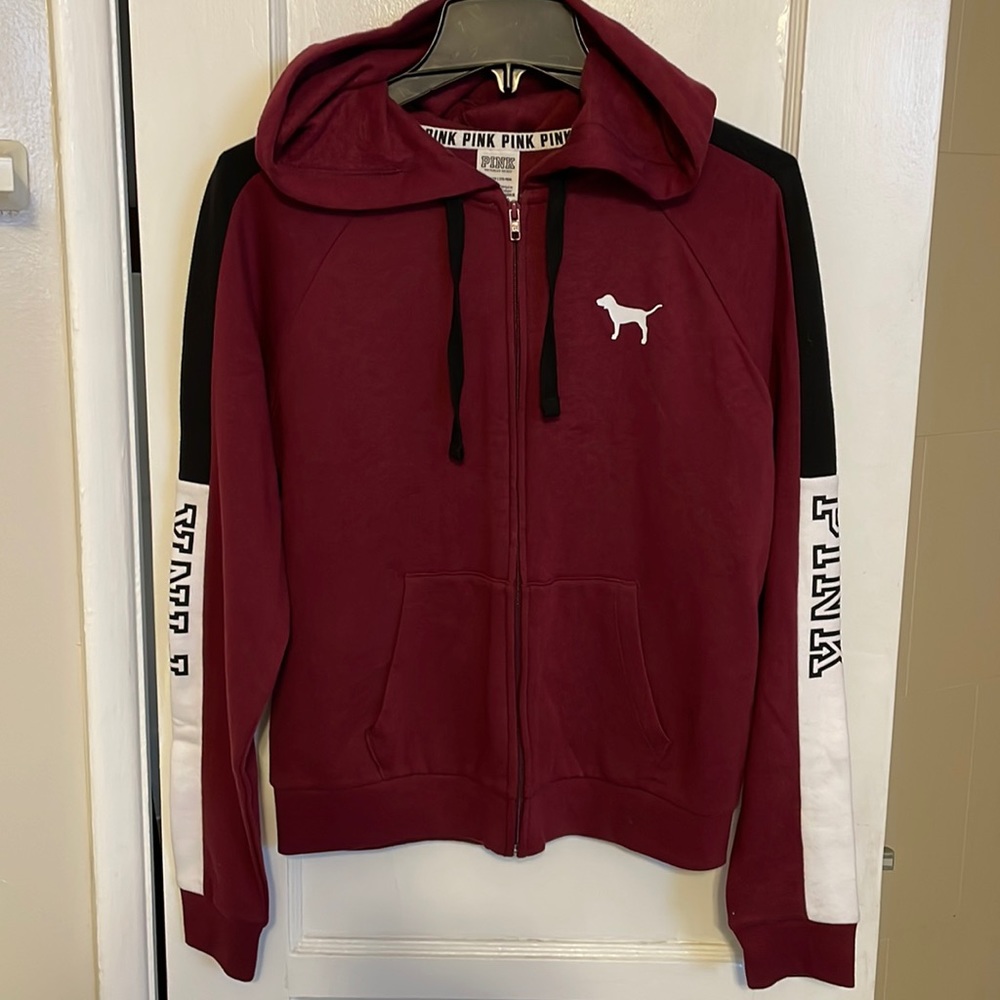 PINK Victoria Secret full zip hooded sweatshirt, burgundy, Sz S EUC, very cute!